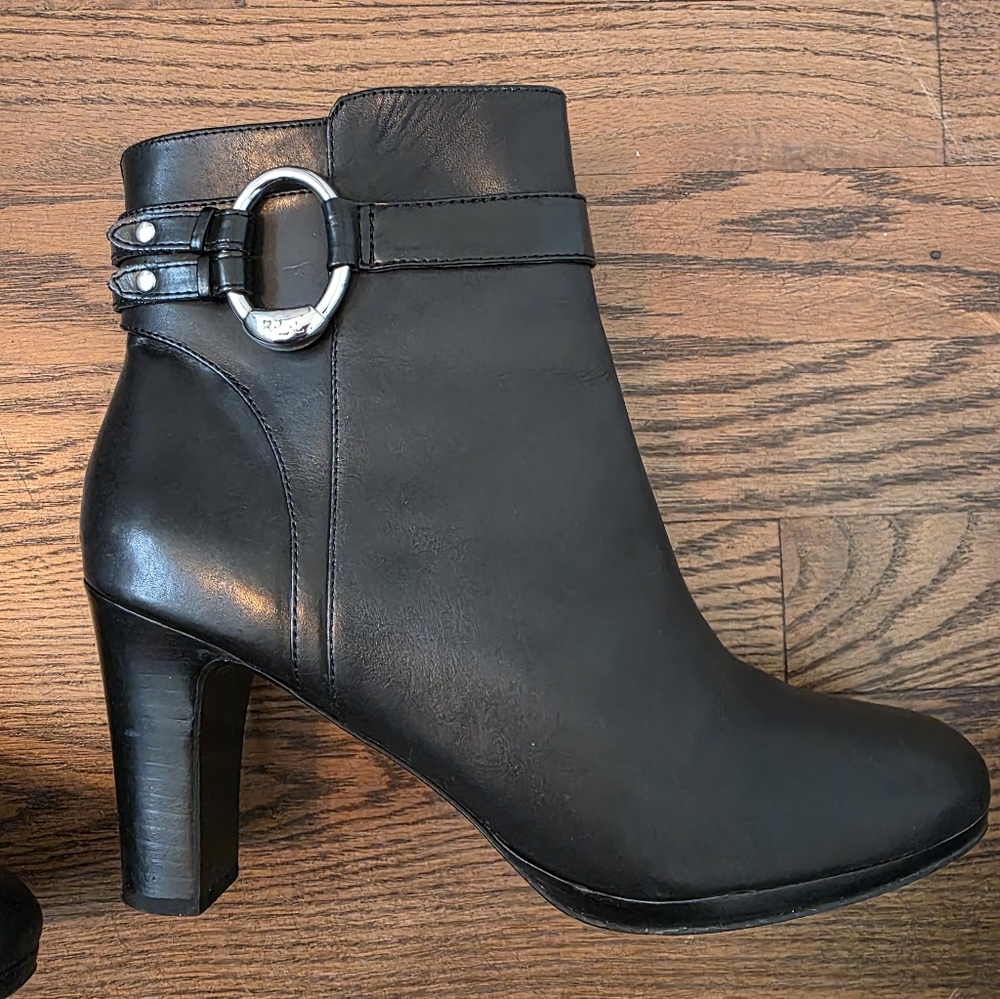 Lauren Ralph Lauren Women's Black Leather Ankle Boots with Silver Buckle